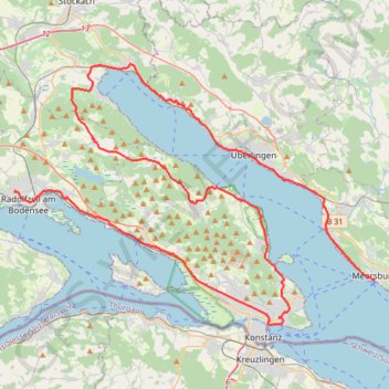 Trace GPS Itinéraire de Zeppelinstraße 7, 78315 Radolfzell am Bodensee, Allemagne à Unterstadtstraße 36, 88709 Meersburg, Allemagne, itinéraire, parcours