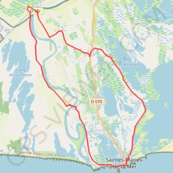Trace GPS Entre le bac du Sauvage et Cacharel - Les Saintes-Maries-de-la-Mer, itinéraire, parcours